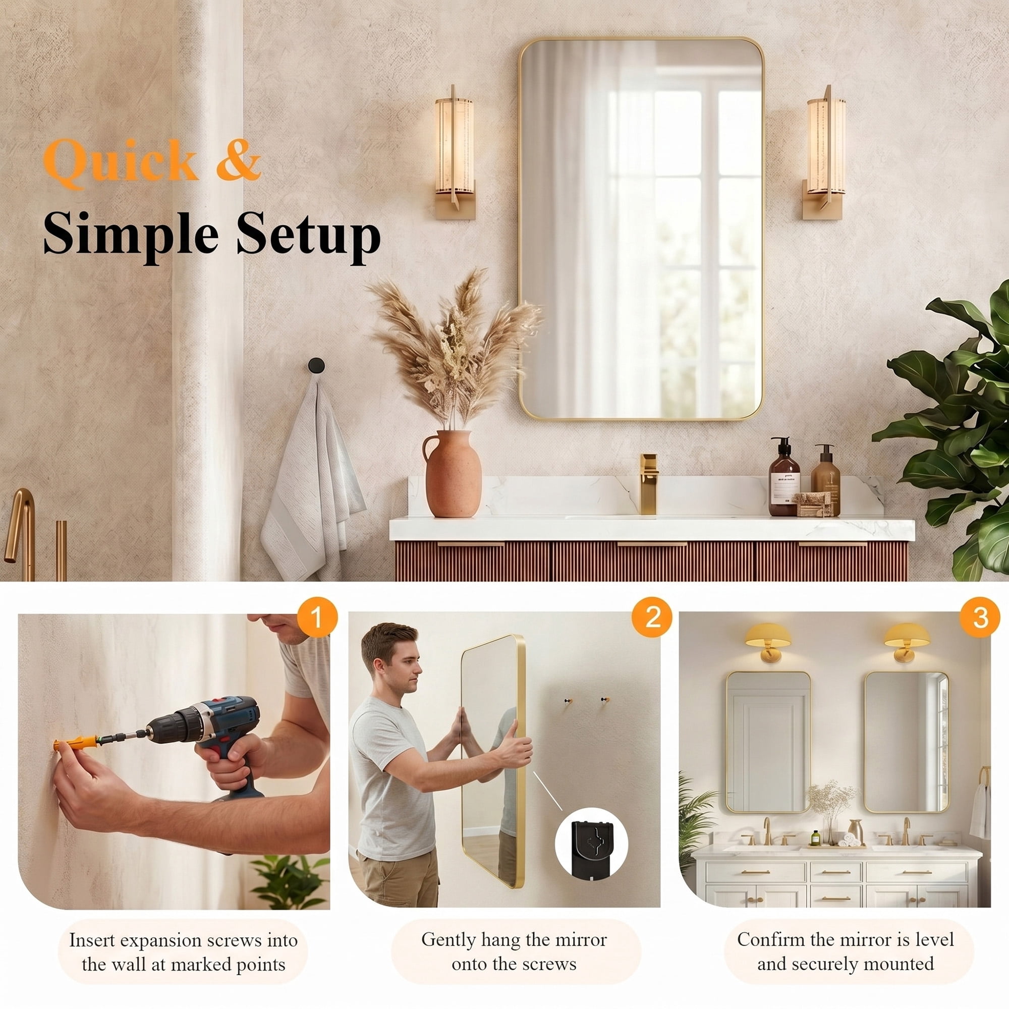 GIANNA 20"x28" Square & Round Bathroom Mirror – Metal Frame, Modern Vanity, Wall-Mounted, Gold
