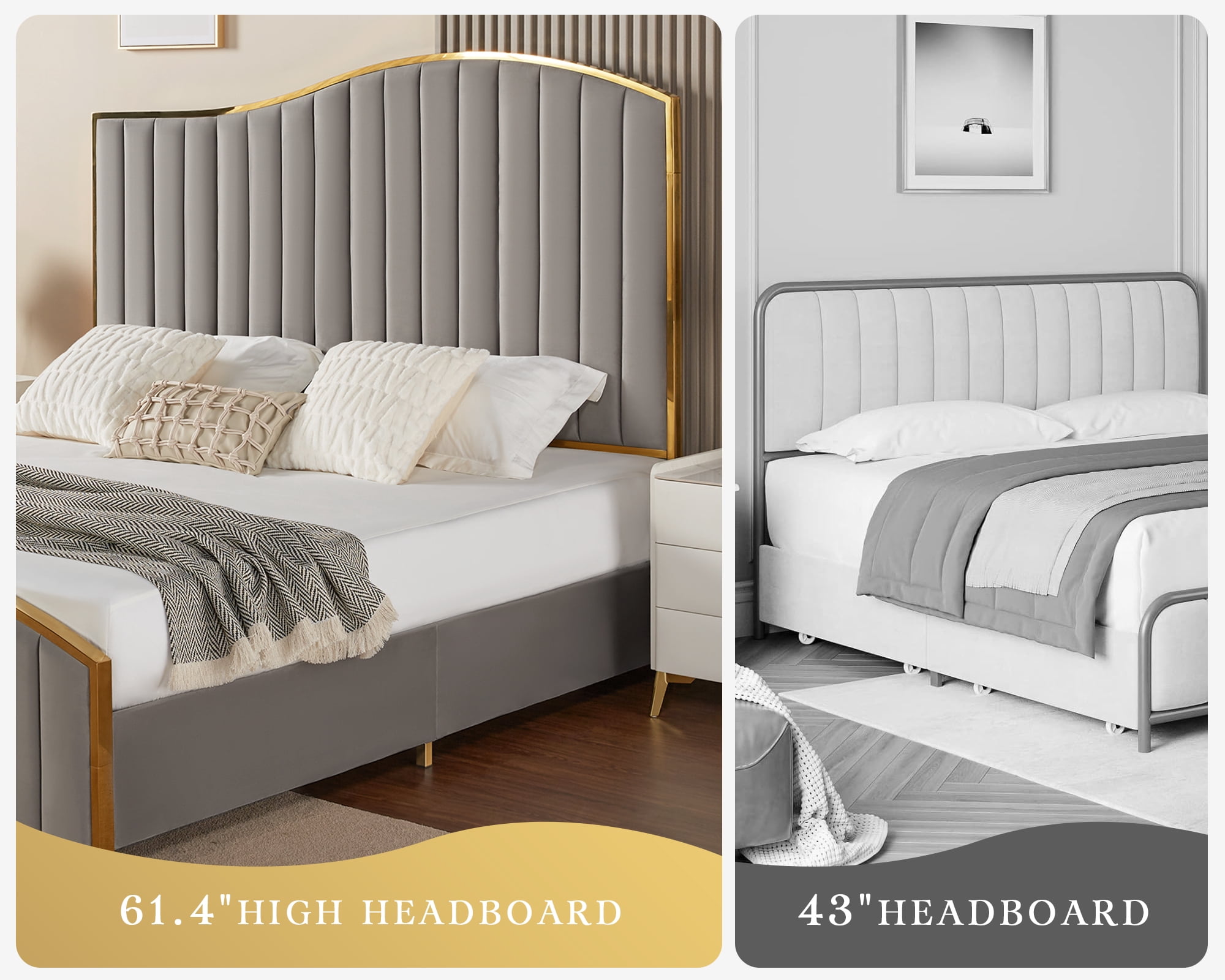 VanAcc Queen Size Platform Bed Frame 61.4" Vertical Channel Gold Trim Headboard ï¼ Footboard Grey