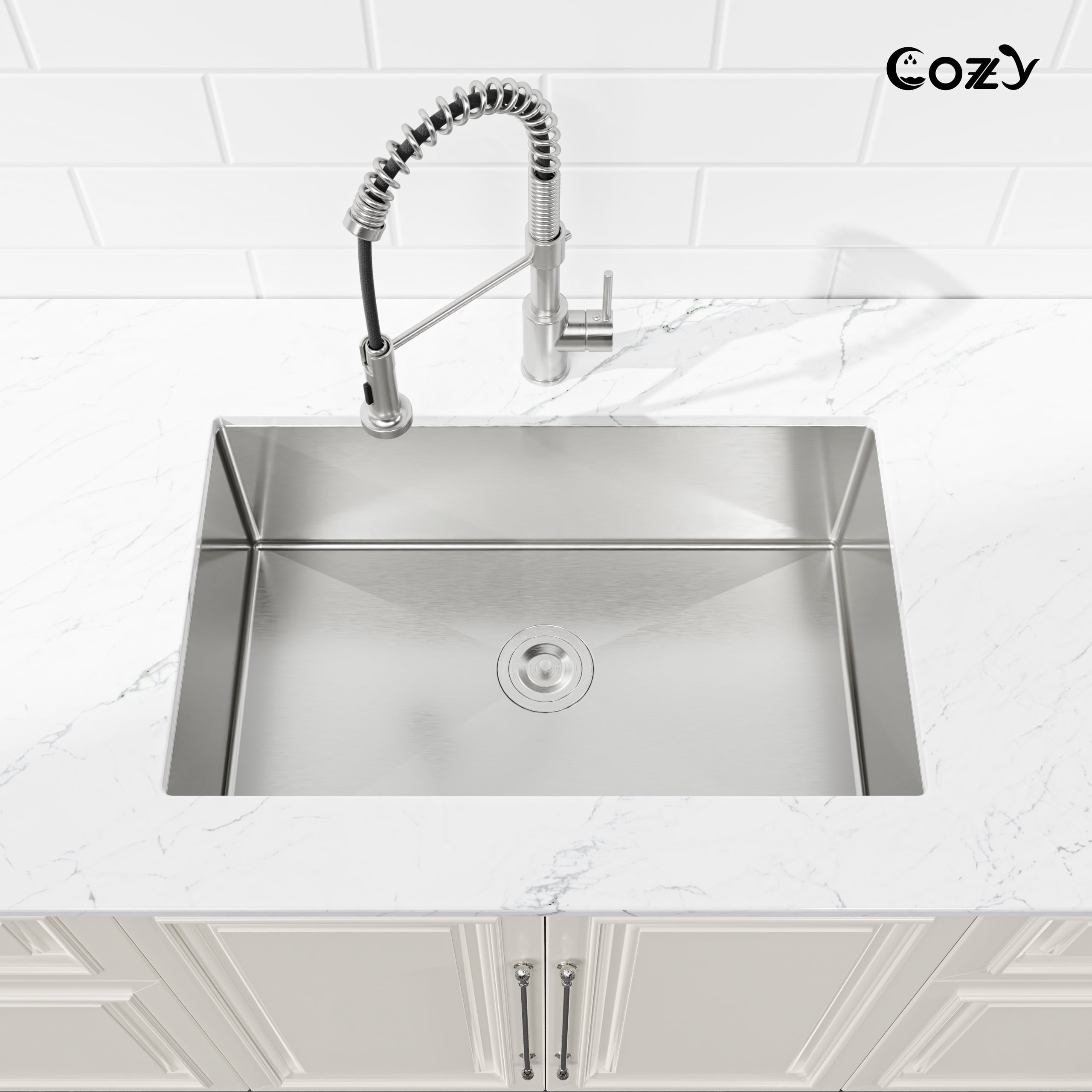 COZY 30″x19″ Stainless Steel Kitchen Sink, Drop In Single Bowl, Undermount Handmade Sink in Brushed Nickel, with US Standard Drain and Hook, SS-BR04D-301908