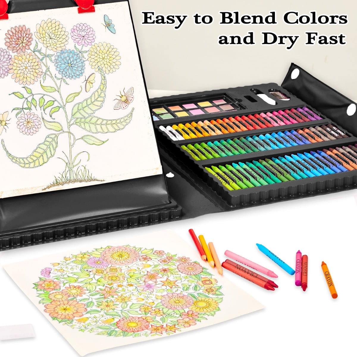 KINSPORY 290 Pack Drawing Coloring Art Set with Double-Side Trifold Art Easel, Creative Supplies Gift for Artists Beginners Kids Boys Girls (Black)