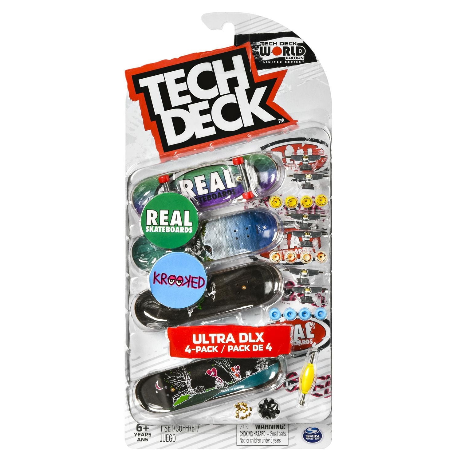 Tech Deck, Coffret de 4 mini planches à roulettes Ultra DLX, Real/Krooked