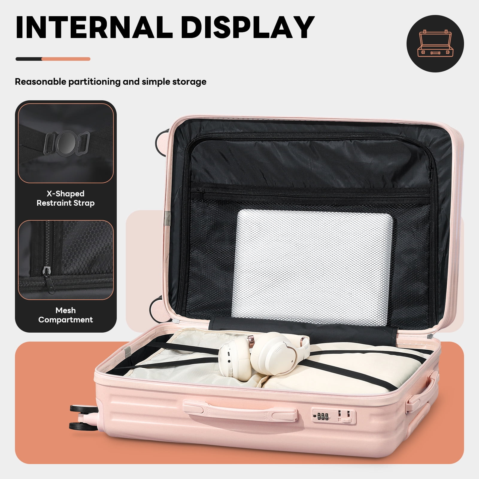 4-Piece Luggage Set, ABS/PC Hard Shell, 360 Spinner Wheels, Built-in Cup Holder & USB Charging Port, Travel Suitcase Set(Pink)