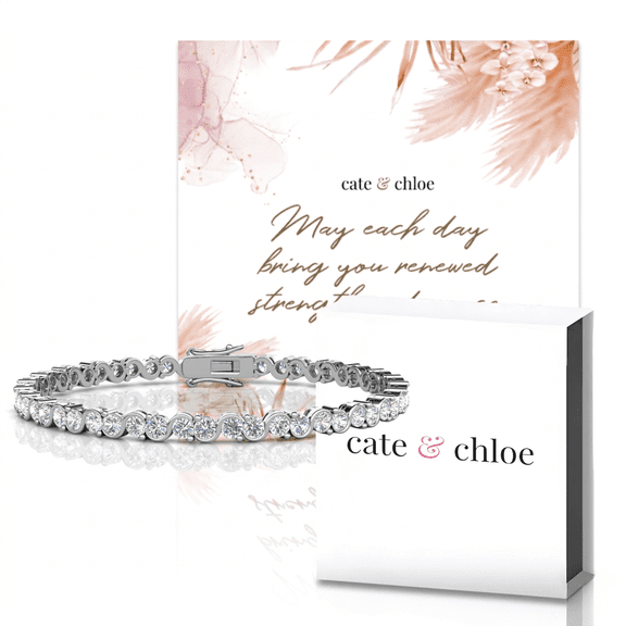 Cate & Chloe Ezra 18k White Gold Plated Infinity Tennis Bracelet & Strength and Peace Boho Card