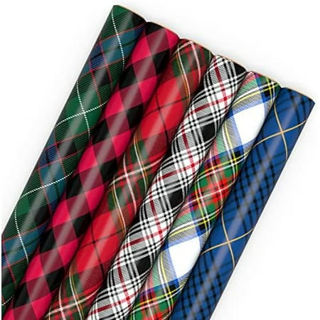 Christmas Wrapping Paper Rolls - Black and Red Buffalo Plaid, Royal Stewart Tartan, Blue, Green (6 Rolls: 180 sq. ft. ttl.) for Holiday Parties, Hanukkah, Winter Weddings