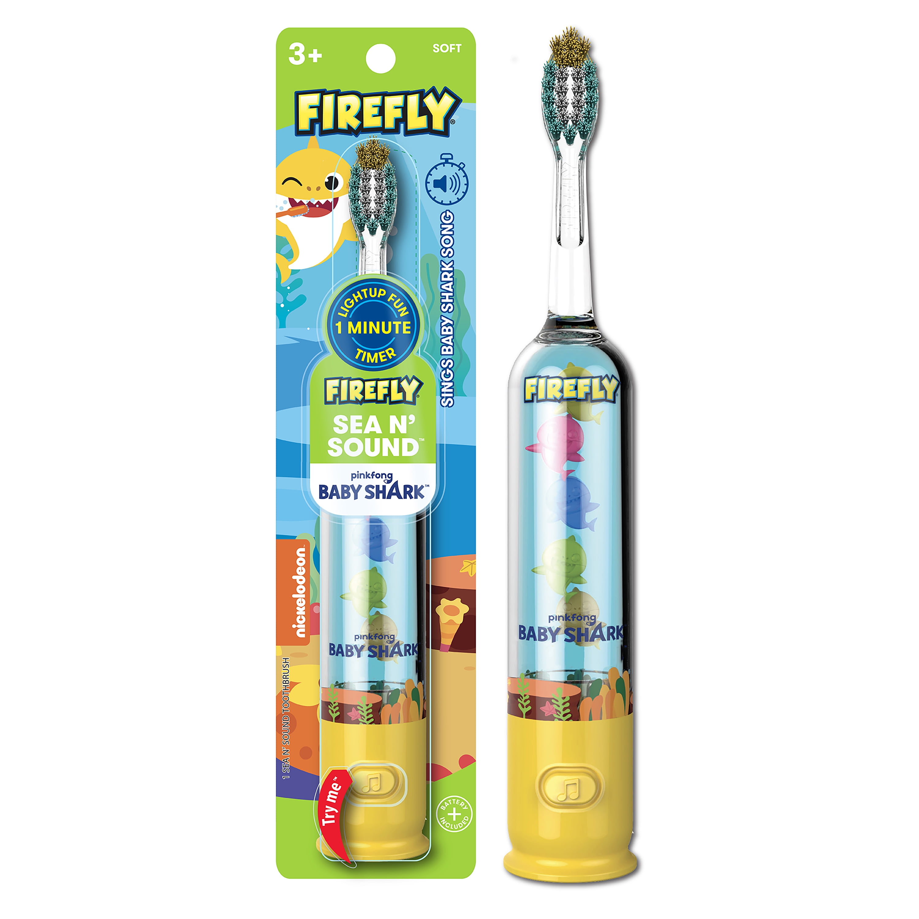 Firefly Sea N' Sound, Baby Shark Toothbrush, Premium Soft Bristles, 1 Minute Timer, Less Mess Suction Cup, Battery Included, Easy Storage, Dentist Recommended, For Ages 3+, 1 Count