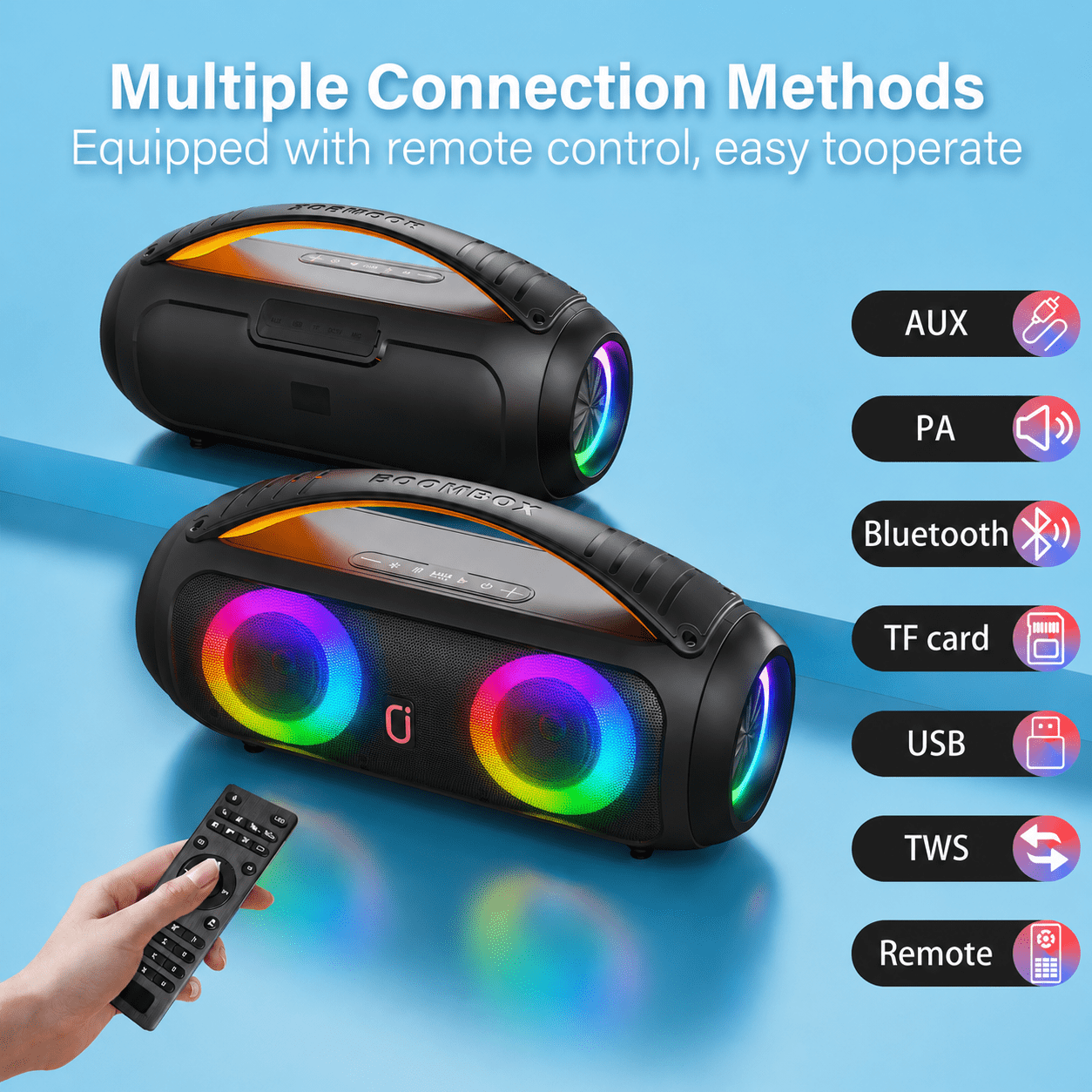 JYX Bluetooth Speaker, IPX5 Waterproof Wireless Portable Outdoor Party Speakers with Rgb Lights, 40W Stereo Deep Bass Boombox for Pool, Beach, D16