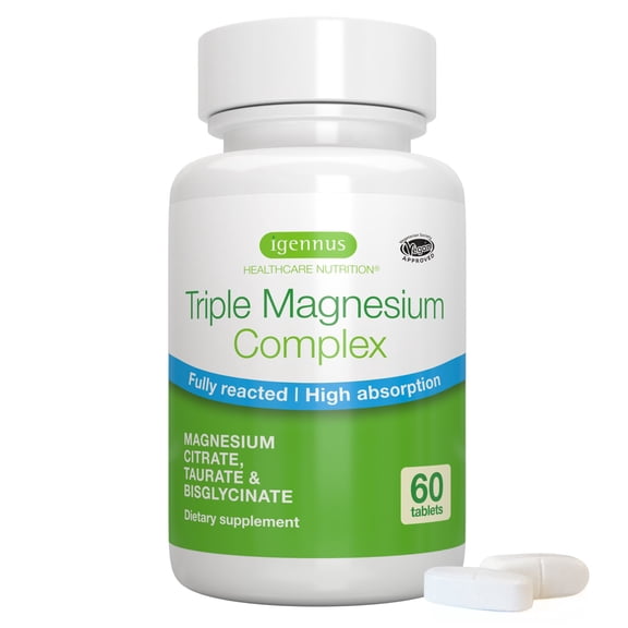 Igennus Superior Triple Magnesium Complex, Fully Reacted & Chelated Glycinate, Taurate & Citrate, Clean Label, High Bioavailability & Absorption, 60 Tablets, Vegan, Non-Buffered