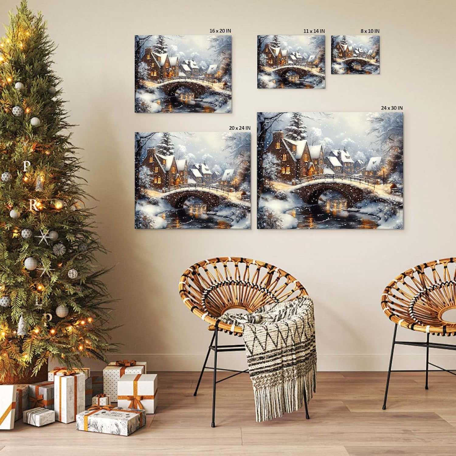 ChristmasCanvas Wall Art Decor with Nighttime Houses, Lights and Snowflakes, Festive Canvas Print for Room, Christmas-Themed Wall Décor for Celebration, Christmas Night Scene Wall Art, 20X24inch