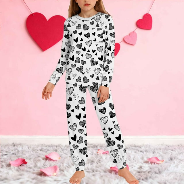 Conjuntos de blusa y camisa de manga larga con cuello redondo para niños y niñas de 5 a 14 años con estampado y bolsillo. Conjunto de top y pantalón de manga larga.