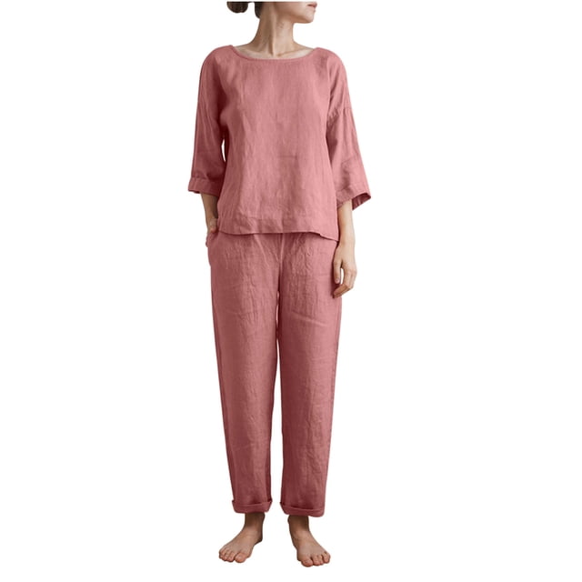 Yuyuzo Ensembles 2 Pcs en Coton et Lin pour Femmes, Chemises à Manches 3/4 Col Rond avec Pantalons Droits Tenues de Détente