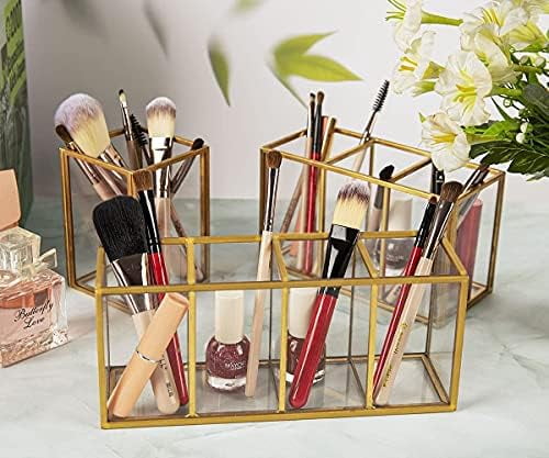 Acrylic Pen Holder 3 Compartments, Gold Pencil Organizer Cup for Countertop Desk Accessory Storage
