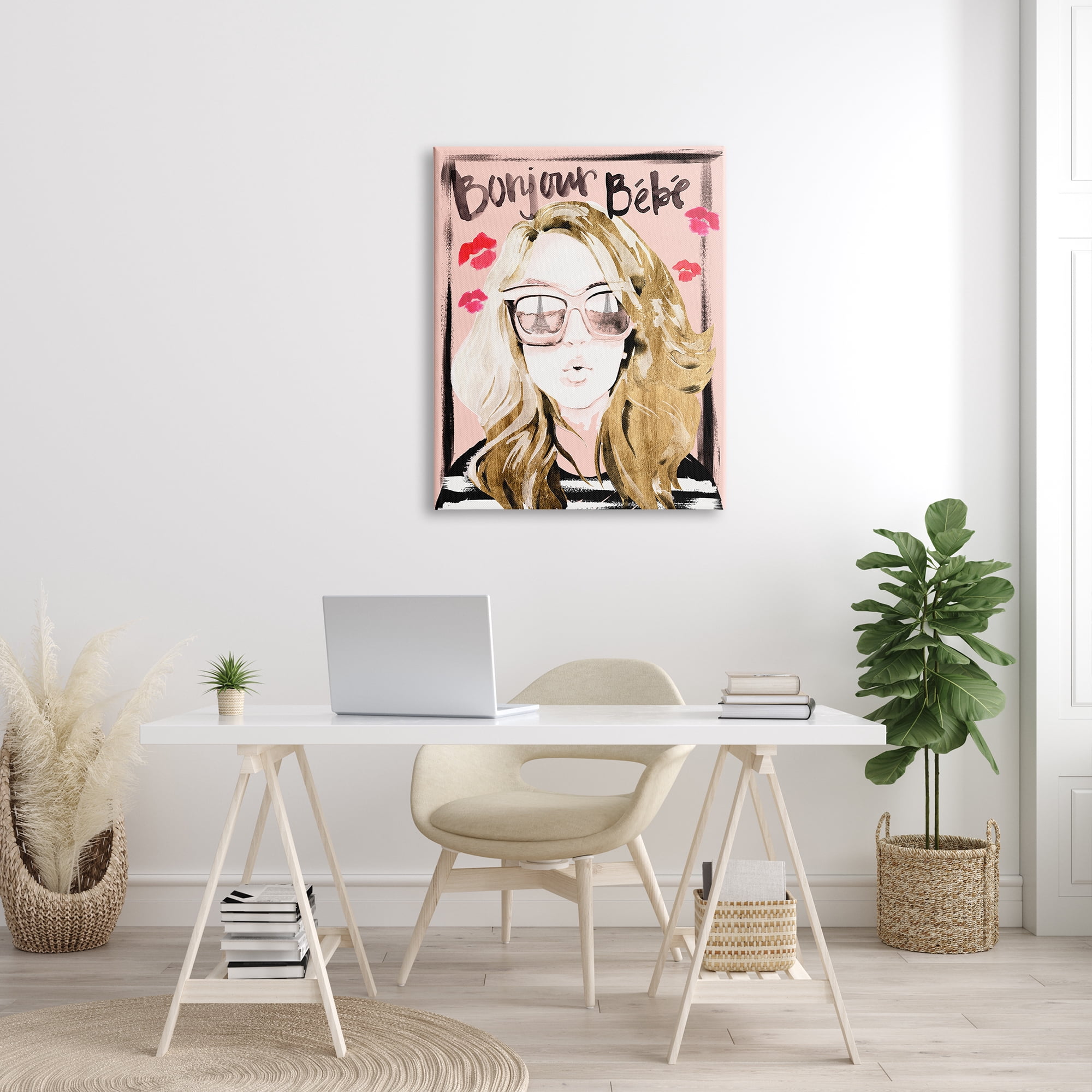 Stupell Industries Bonjour Bebe Sentiment Glam Parisian Woman Pink Shades Beauty & Fashion Painting Gallery Wrapped Canvas Print Wall Art, 30 x 40