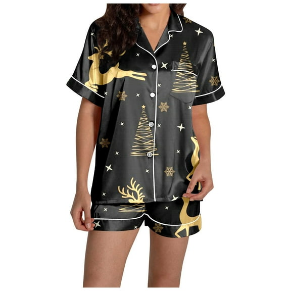 Women's Christmas Reindeer Print Pajama Set Cozy Short Sleeve Sleepwear Soft Outfit Holiday Nightwear Comfortable Two Piece