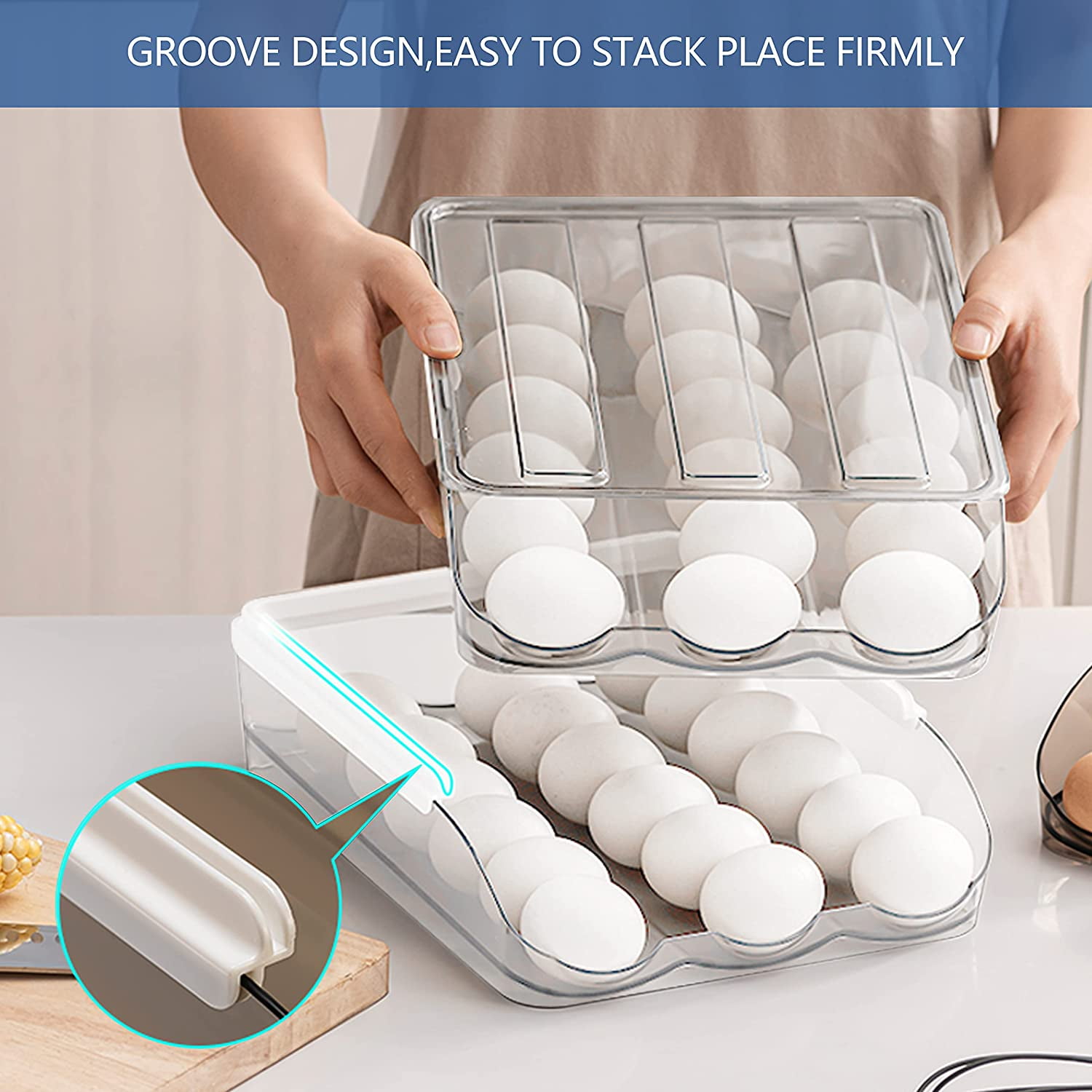 SUNFICON Egg Holder Storage Box with Lid Automatic Rolling Egg Container for Refrigerator Kitchen Egg Tray Organizer Bin for Household (3 layers)