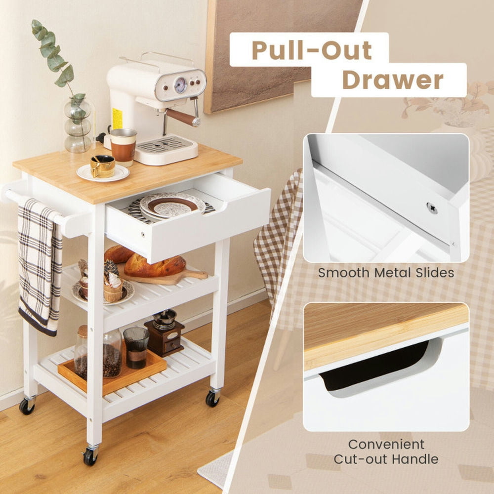 Finihen Rolling Cart, Kitchen Island Cart, 3-Tier Kitchen Island Cart Rolling Service Trolley with Bamboo Top, for Kitchen, Dining Room, White Finihen Rolling Cart, Kitchen Island Cart, 3-Tier Kitchen Island Cart Rolling Service Trolley with Bamboo Top, for Kitchen, Dining Room, White