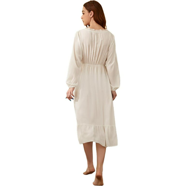 White Long Sleeve Womens Nightgown, Cotton Nightgowns for Women