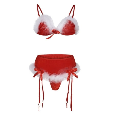 

Fishnet Lingerie For Women Christmas Spaghetti Strap V Neck Collar Three-Point Suit Set Red M