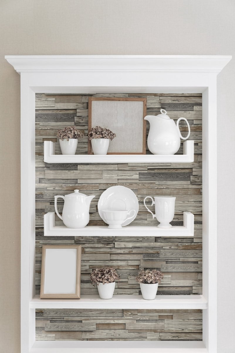 NextWall  Reclaimed Wood Plank Peel and Stick Removable Wallpaper Charcoal & Brown