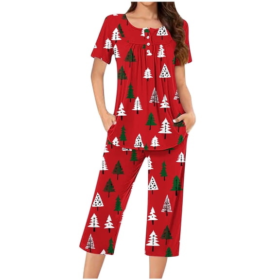 asdoklhq Christmas Plus Size Pajamas for Women Set Women's Fashionable and Casual Loose Christmas Printed Round Neck Short Sleeved Button Top Cropped Pants Pajamas Sleepwear Set Red M