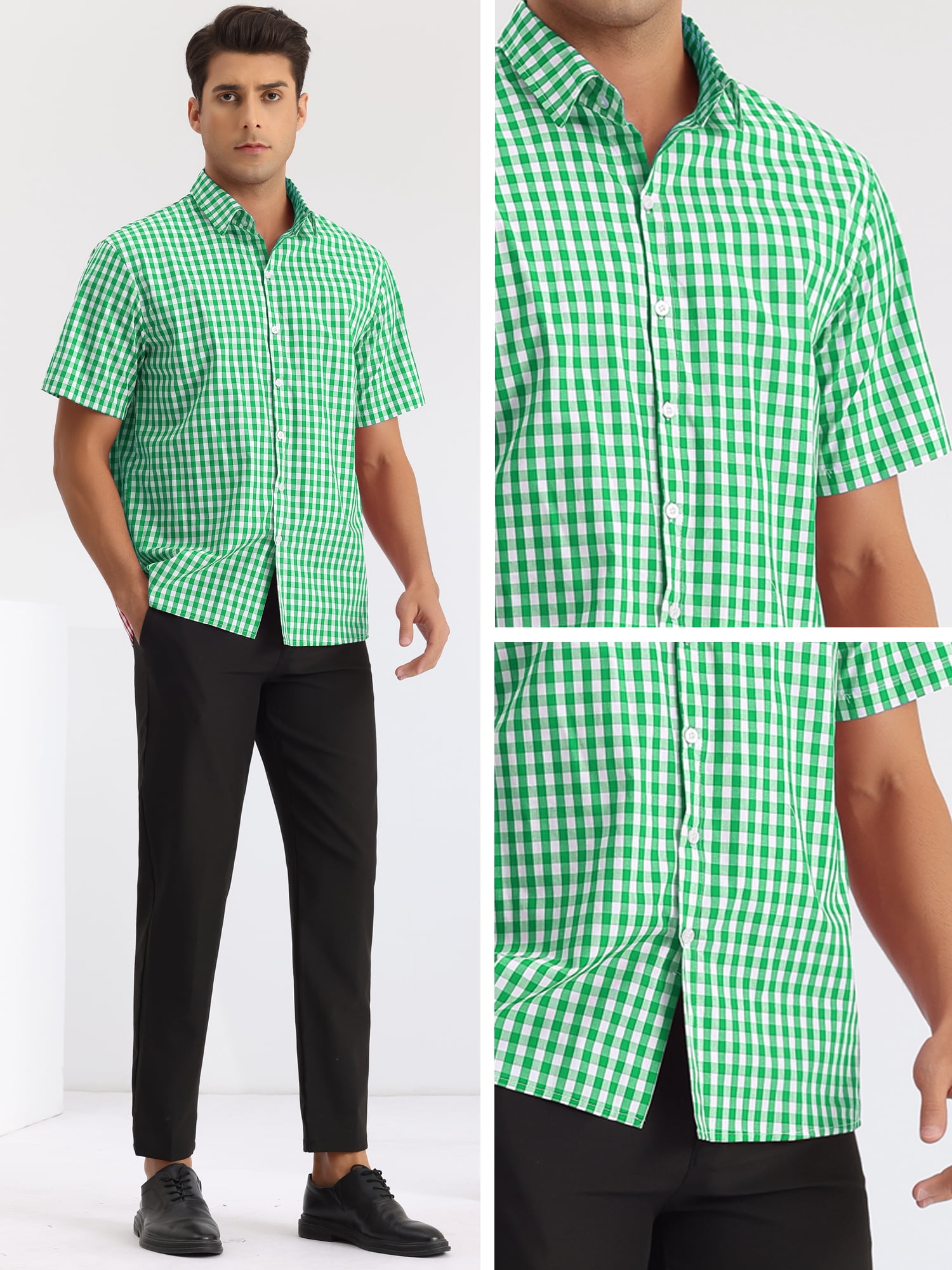DARING DIVA Men's Checked Short Sleeves Button Plaid Tartan Dress Shirt S Green