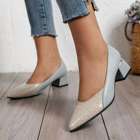 

Cathalem Ladies Fashion Colorblock Leather Pointed Toe Pumps Thick High Heel Casual Shoes Comfortable Wide Width Booties Light Blue 7.5