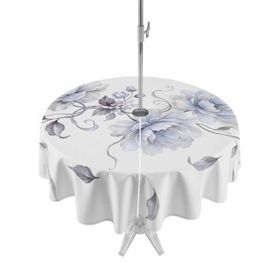 Outdoor Tablecloth with Umbrella Hole Zipper Blue Chic Floral Round Tablecloth 54" Waterproof Outside Table Cloth Spring Flower Garden Farmhouse Patio Table Cover Tablecloths for Picnic Party
