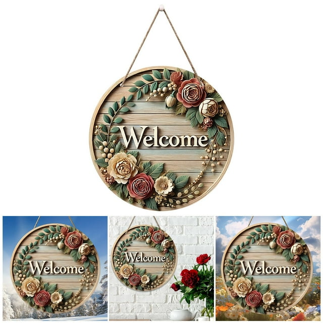 TIELUTT Panneau de Porte Rond Rétro Fleur Bienvenue pour Quotidien pour Bienvenue à la Ferme Panneau pour Porte d'Entrée Porte de la Saint-Valentin Porte d'Entrée Décorations de Noël Décorations Succulentes Extérieures pour Porte d'Entrée Maison