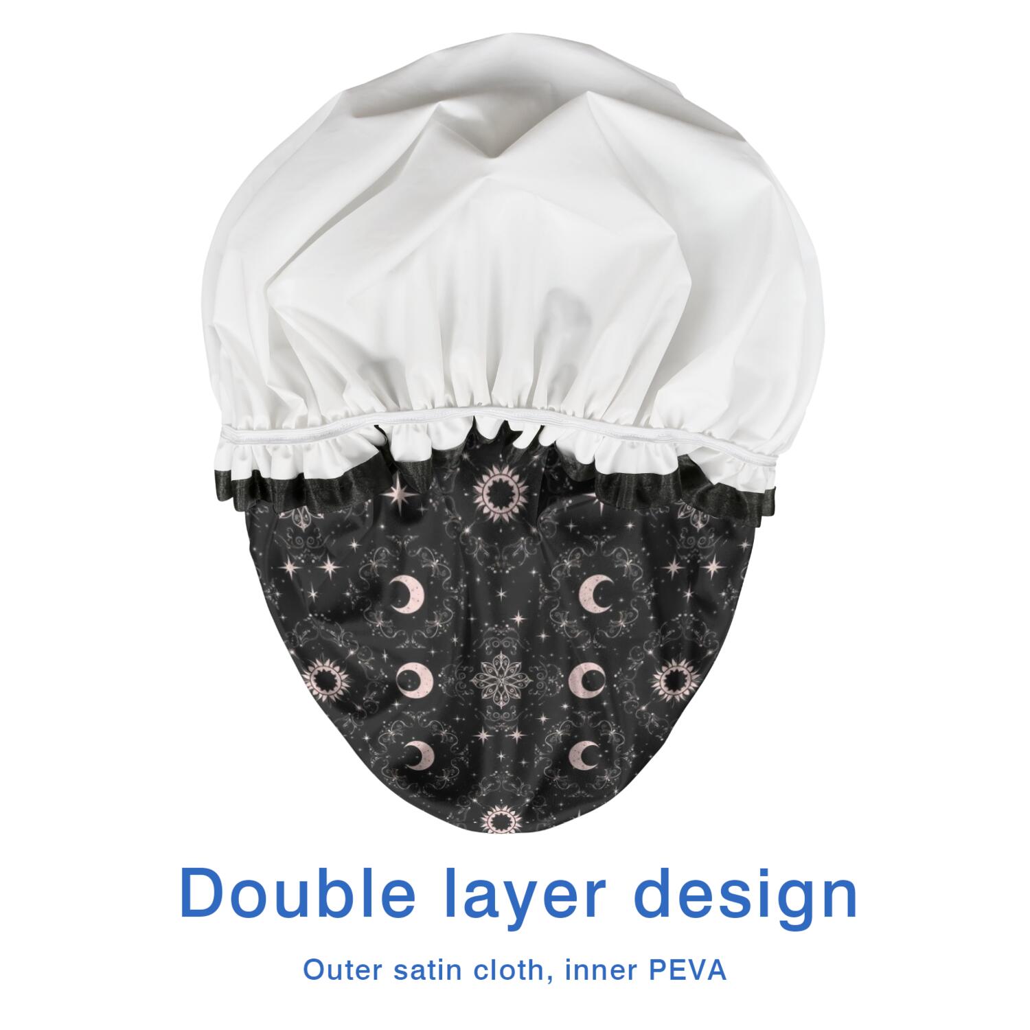 Shower Caps,Black Moon Star Pattern Waterproof Shower Cap for Women 4 Pieces,Double Reusable Hair Cover for Shower PEVA Elastic Stretch Hem
