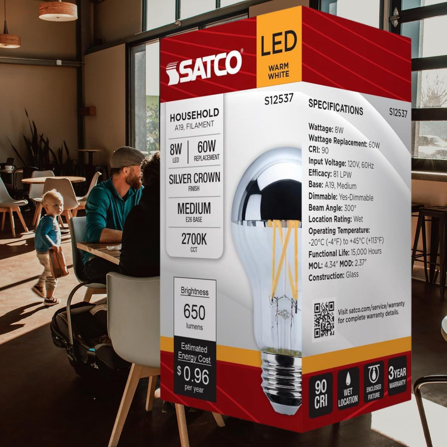 Satco S12537 LED Silver Crown A19 Light Bulbs 8W 120V 2700K E26 Medium Base Dimmable (6 Pack)