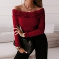 thumbnail image 2 of HAiming Women Long Sleeve off Shoulder Tops Solid Color Lace Patchwork Slim Ribbed Knit Shirts Casual Pullover Blouse, 2 of 9