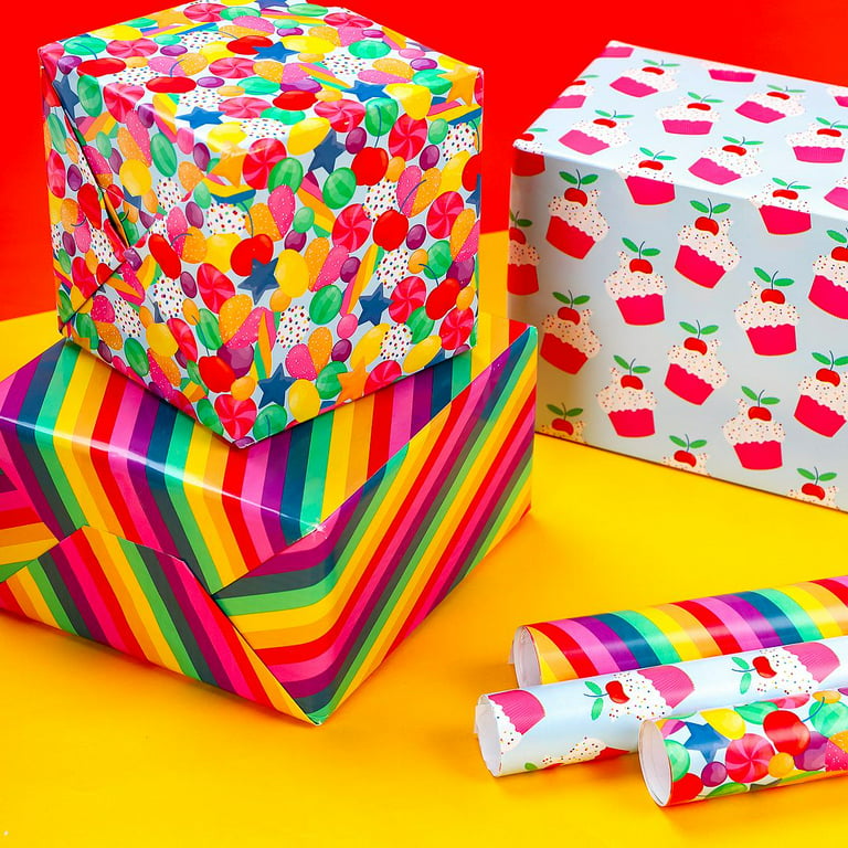 LeZakaa Reversible Birthday Wrapping Paper Jumbo Roll - Happy Birthday  Lettering & Stripe - 24 inches x 100 Feet (200 sq.ft.)