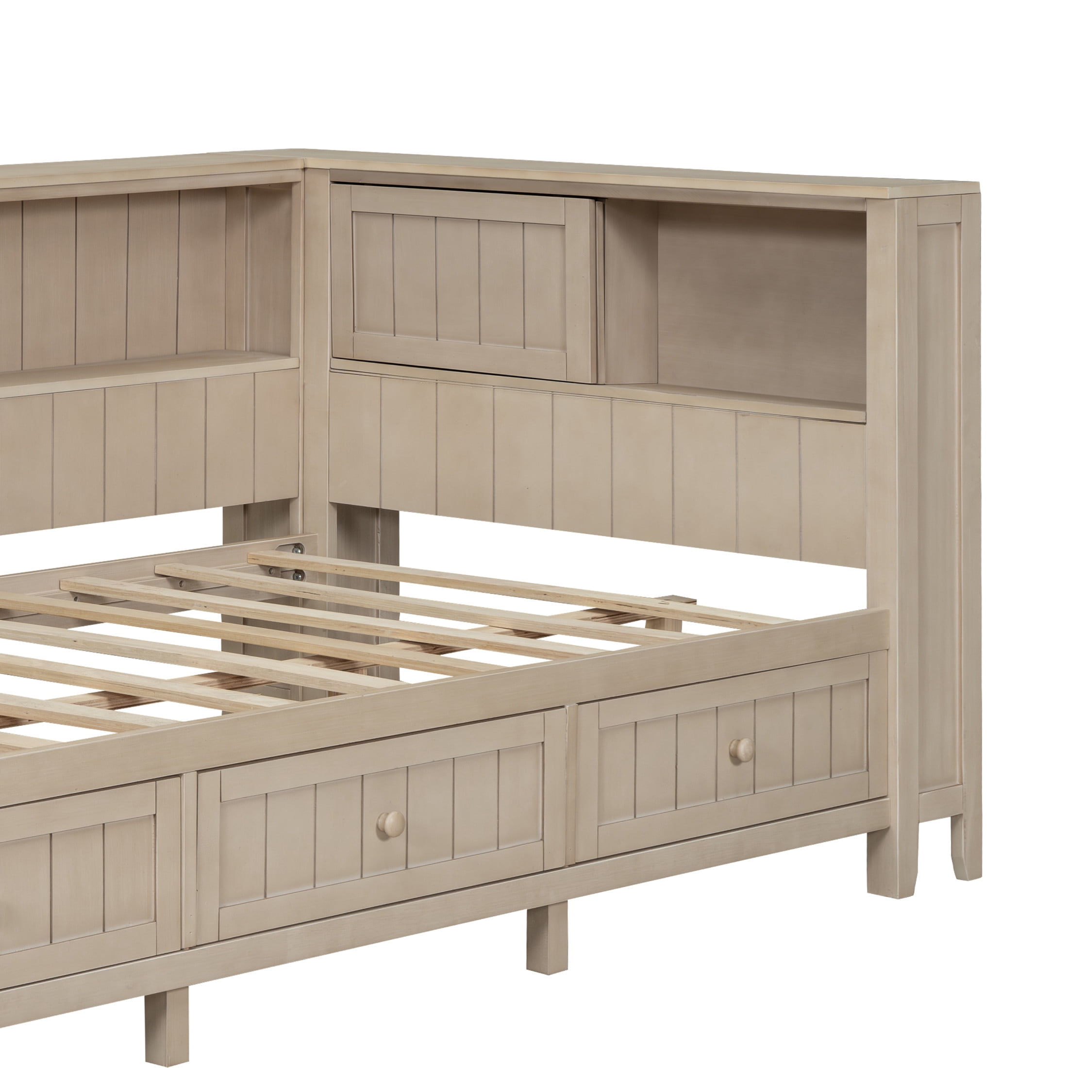 Noble House Twin Daybed with Storage Drawers and Shelves, Wood Guest Bed Frame with Sliding Doors, Antique White