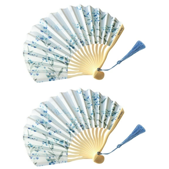 unbranded 2 pcs Summer Japanese Style Fashion Cloth Fan with Bamboo Handle Ancient Style Cooling Fan Decorative Fan (Blue Gypsophila Elegans)