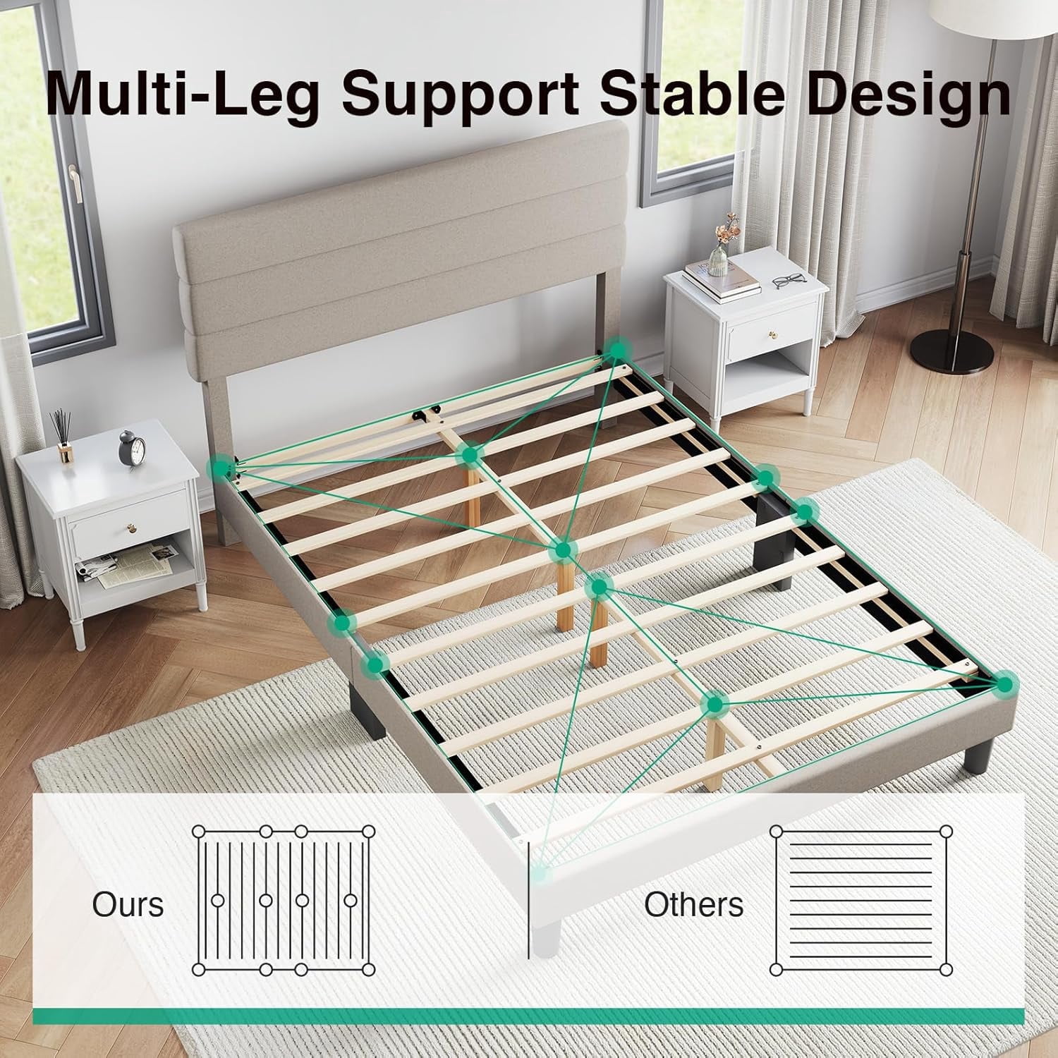 Novilla Queen Bed Frame, Queen Size Bed Frame with Wooden Slats Support, Linen Upholstered Stripe Headboard, No Box Spring Needed, Heavy Duty Feet, Easy Assembly, Beige
