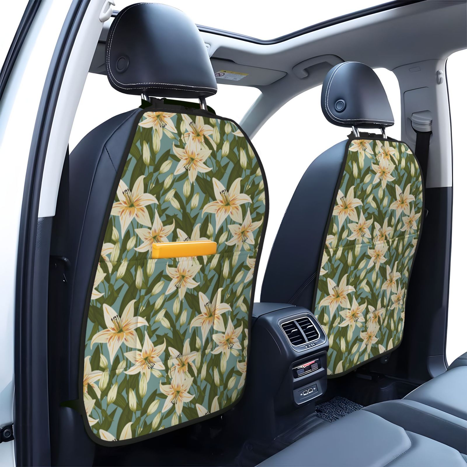Xecao Lilies Flowers Pattern Car Seat Back Protector 2 Pack Large Capacity Pocket, Kick Mats Back Seat Protector