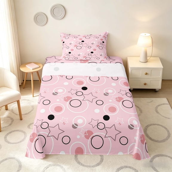 Manfei Cute Geometric Star Twin Sheets, Circular Dot Bedding, Pink Black White, Pink Reversible 3pcs1 Flat Sheet 1 Fitted Sheet 1 Pillowcase