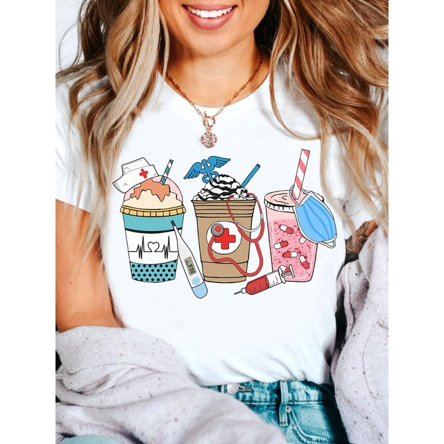 Nurse Appreciation Coffee Print T-Shirt - Perfect Gift for Doctors & Nurses, Casual Cotton Blend, Machine Washable, Summer Round Neck Tee