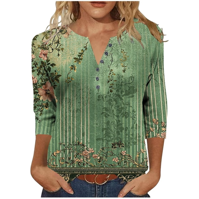 Haut à Manches 3/4, T-Shirt Décontracté Ample à Imprimé à Col Rond pour Femme