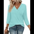 thumbnail image 3 of Blusas de Mujer con Mangas 3/4 y Cuello en V, Estilo Túnica Informal, Básicas, Holgadas Verde XL, 3 of 6