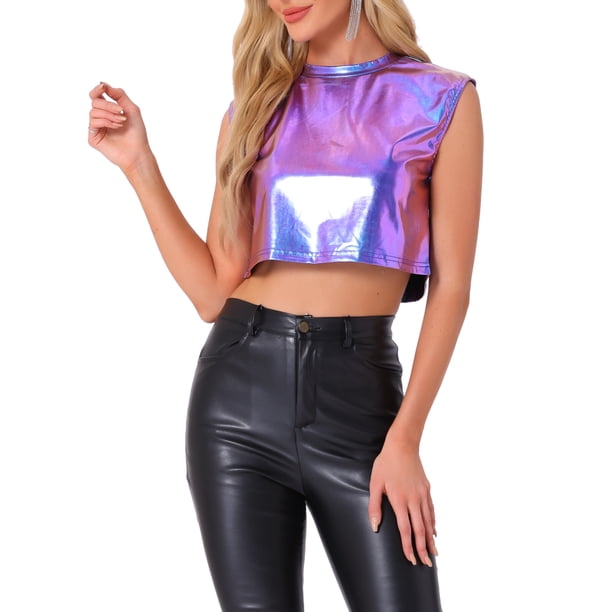 Camiseta sin mangas metálica Inspire Chic para mujer, cuello redondo, holográfica, crop top, talla XL, azul púrpura