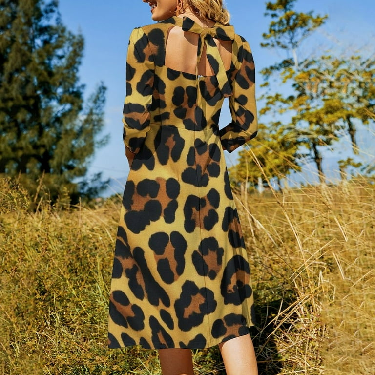 Midi Dresses Yellow Cheetah Print Dress Golden Yellow Leopard Print Fabric  Women's 3/4 Sleeve Dresses
