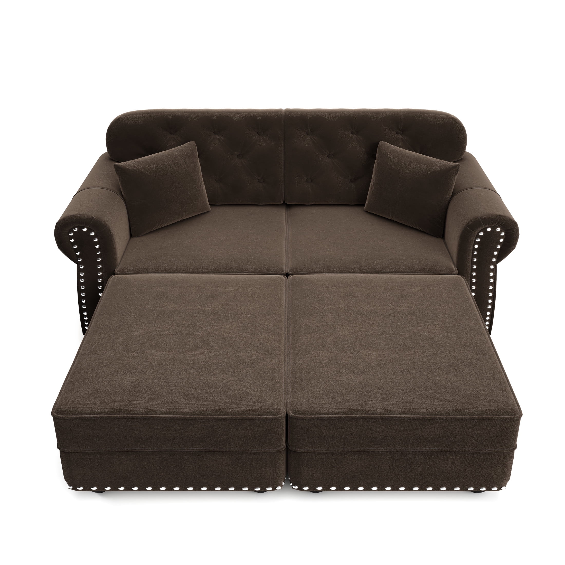 Noble House Kieran 2-Seater Velvet Chesterfield Sofa, Modern Tufted Armchair with Nailhead Trim and 2 Ottomans, Brown