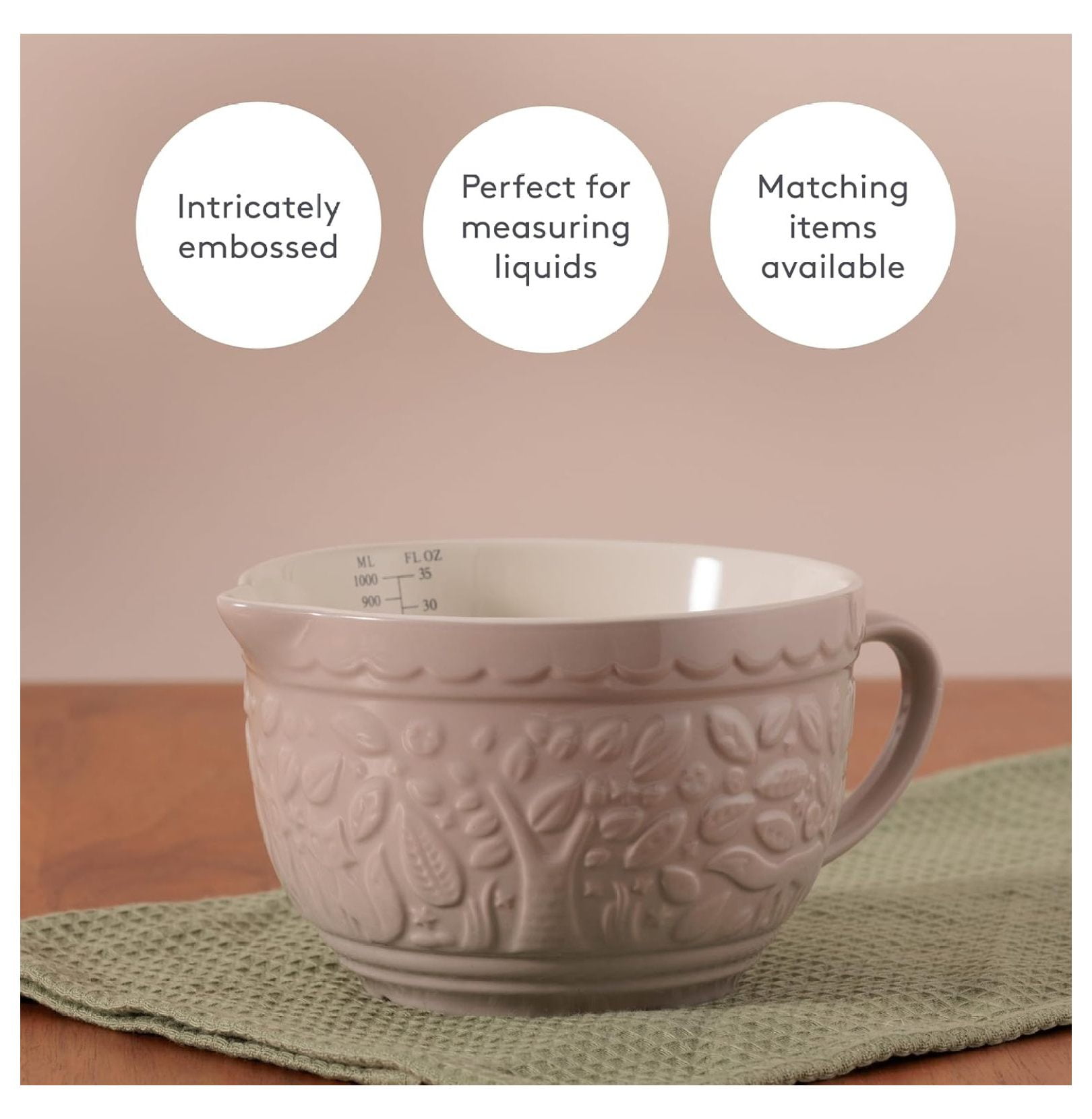 Measuring Jug 1 Quart - In The Forest Collection Stoneware Pitcher - 34oz Embossed Fox Design - Kitchen Measuring Cup for Baking, Cooking, & Liquid - Dishwasher Safe