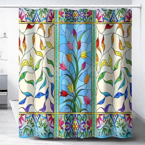 Mid Century Flower Shower Curtain,Retro Bohemian Colorful Floral Vintage Glass Print Shower Curtain For Bathroom Decor Fabric Waterproof Upholstery Hook 72"W x 78"L