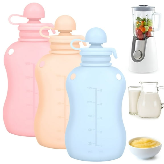 ACDANC 3Pcs Silicone Baby Food Pouch Reusable Squeezable Pouch 150ml/5oz Breastmilk Storage Bag Refillable Baby Food Squeeze Pouch Heat Resistant Pouch Bottle Dishwasher Safe for Home School