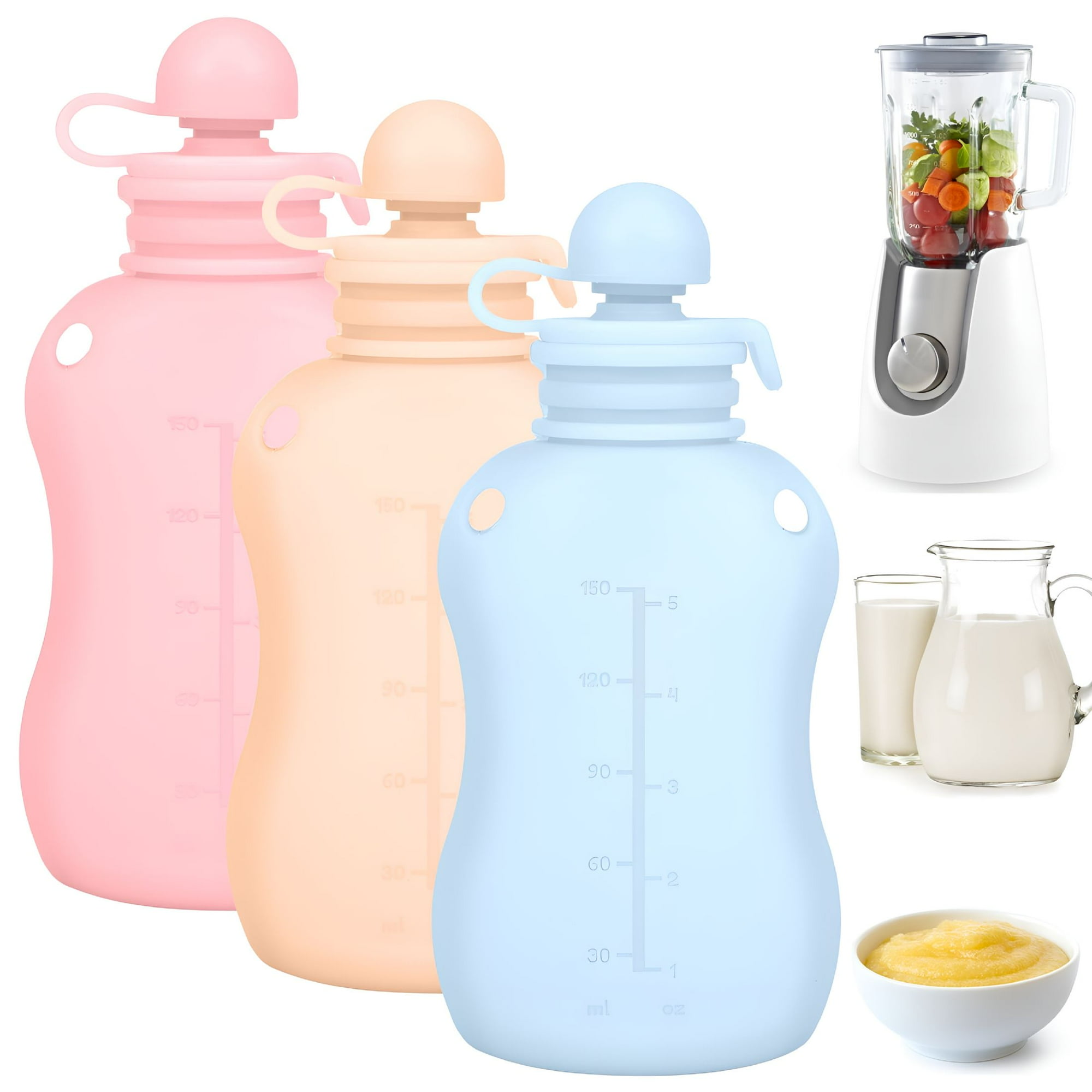 ACDANC 3Pcs Silicone Baby Food Pouch Reusable Squeezable Pouch 150ml/5oz Breastmilk Storage Bag Refillable Baby Food Squeeze Pouch Heat Resistant Pouch Bottle Dishwasher Safe for Home School
