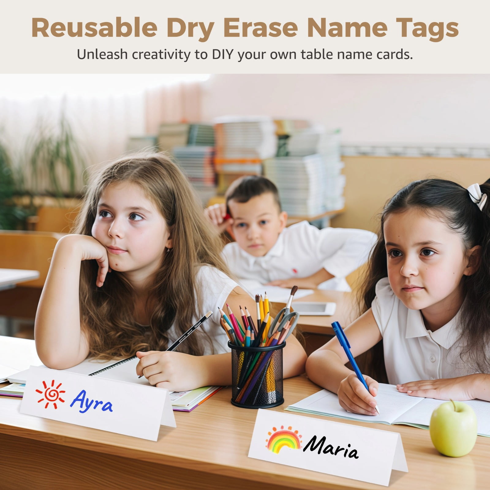 21 Pcs Reusable Name Tent Cards, Dry Erase Name Tags with 4 Markers and 2 Erasers, Easy-to-Use Name Plates, White Table Labels, Plastic Desk Tags for Classrooms, Offices, Meetings, Weddings