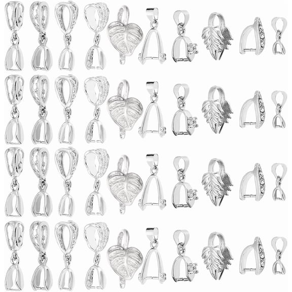 PH 10 Styles Brass Pinch Bails 60pcs Platinum Pendant Bails Ice Pick Pinch Clip Bail Clasp Dangle Charm Clasp for Necklace Jewelry DIY Craft Making Pin: 0.8~1mm for DIY