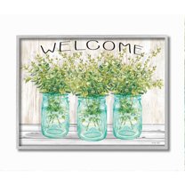 Stupell Industries Country Welcome Sign Greenery Bouquets Blue Jars Framed Wall Art Design by Cindy Jacobs, 16" x 20", Gray Framed
