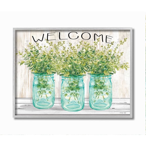 Stupell Industries Country Welcome Sign Greenery Bouquets Blue Jars Framed Wall Art Design by Cindy Jacobs, 16" x 20", Gray Framed